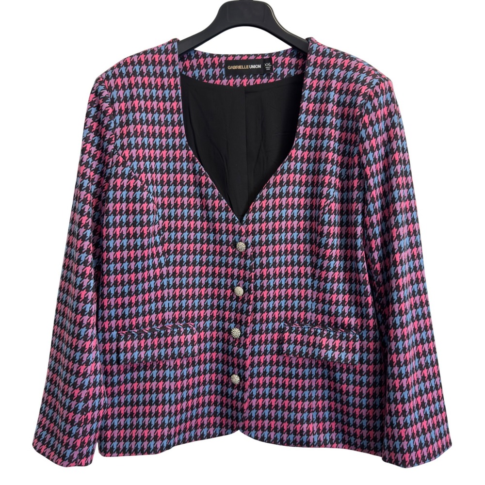 Gabrielle Union Pink Blue Houndstooth Knit Blazer Jacket XXL Rhinestone Buttons